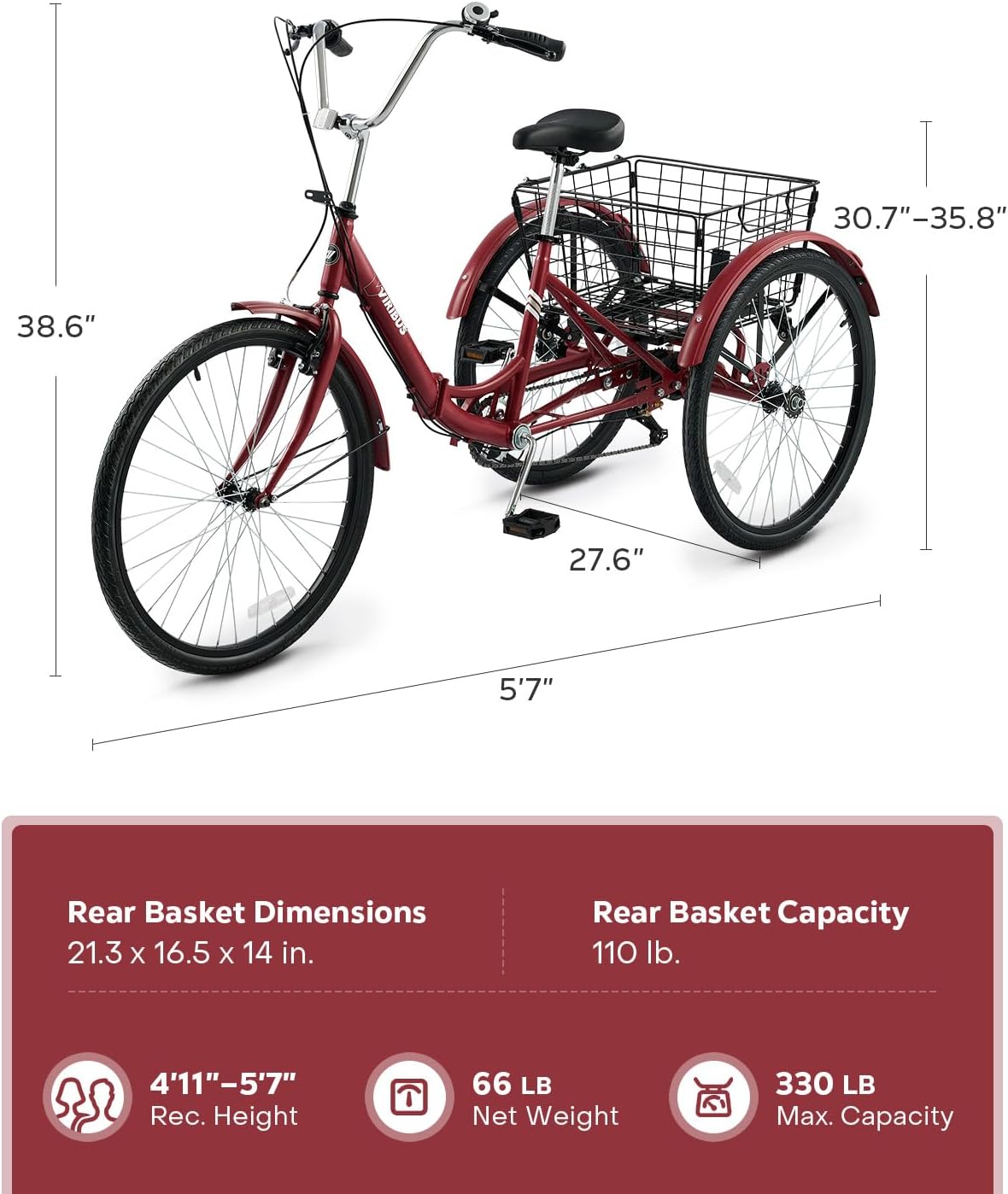 VIRIBUS Folding Tricycle for Adults, 7 Speed Foldable Adult Tricycle with Removable Wheeled Basket, Folding 3 Wheel Bikes for Women Men Seniors 24 26 inch, Collapsible Three Wheeler Trike 330 LB.