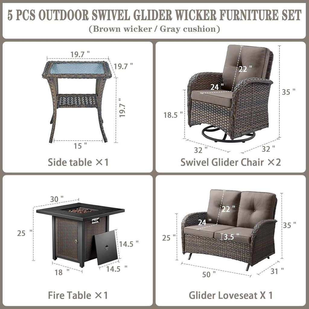 Belord 5 Pieces Patio Furniture Set with 30' Propane Fire Pit Table, Deep Seating Swivel Rocker Glider Outdoor Chairs Set of 4 with Side Table Set of 2 Patio Conversation Set Brown Wicker
