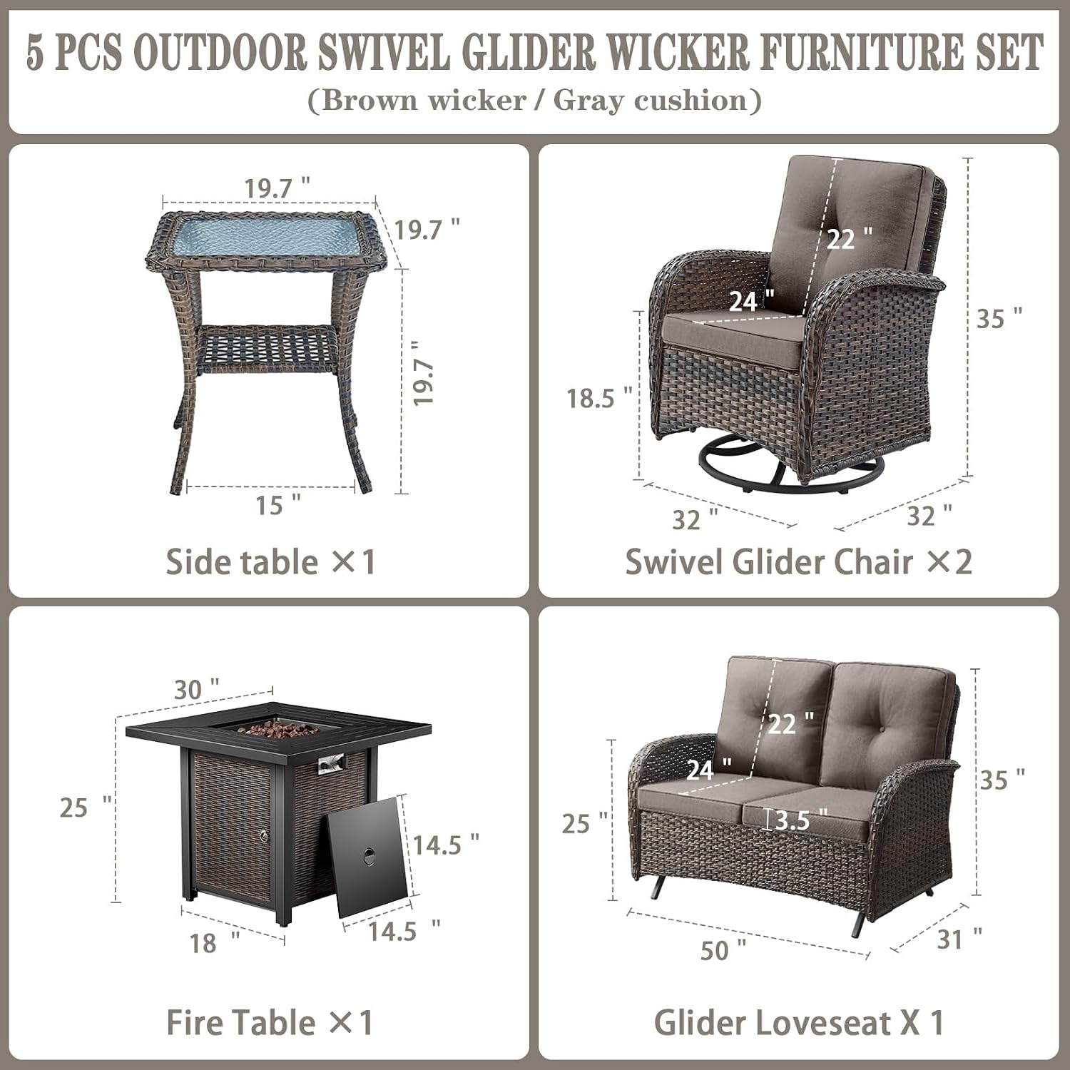 Belord 5 Pieces Patio Furniture Set with 30' Propane Fire Pit Table, Deep Seating Swivel Rocker Glider Outdoor Chairs Set of 4 with Side Table Set of 2 Patio Conversation Set Brown Wicker