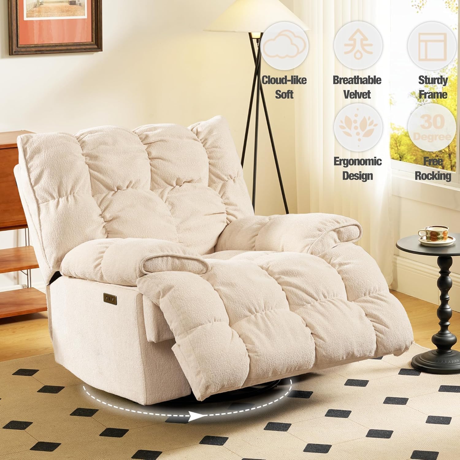 SITJOY Oversized Power Swivel Rocker Recliner Chair, Overstuffed Extra Wide Rocking Chair for Big and Tall, Glider Recliner Nursery Chair, USB Charging, Soft Breathable Fabric in Beige, Power