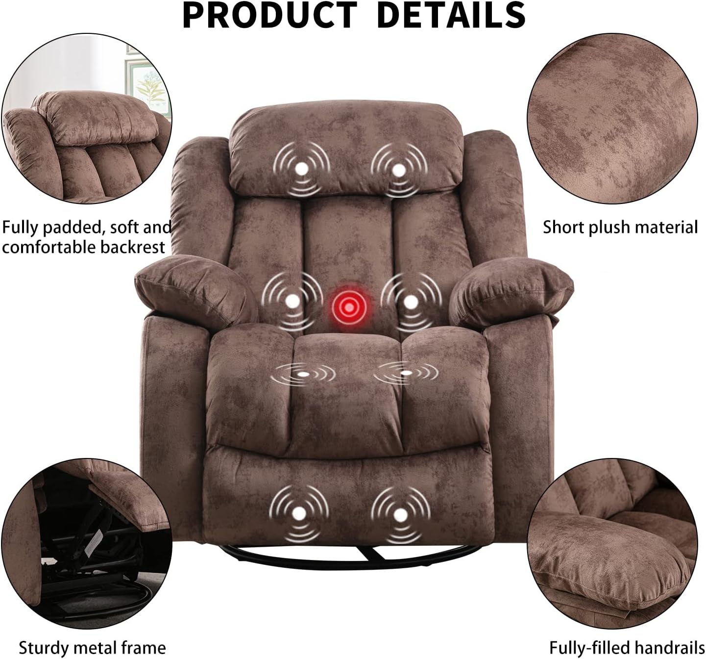 INZOY Rocker Recliner with Heat and Vibration, Manual Swivel Rocking Chair with Vibrating Massage, Comfy Padded Overstuffed Soft Fabric Heated Recliner (Brown)