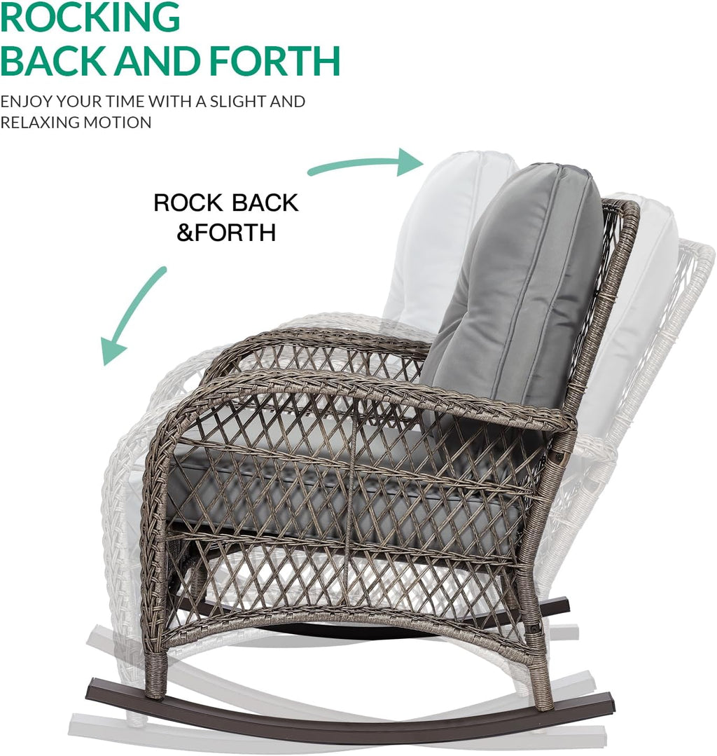 VIVIJASON 4-Piece Outdoor Patio Wicker Conversation Sets, All Weather Outdoor Rattan Furniture Set Includes Glider Loveseat, Coffee Table, 2 Rocking Chairs with Cushions for Backyard, Grey