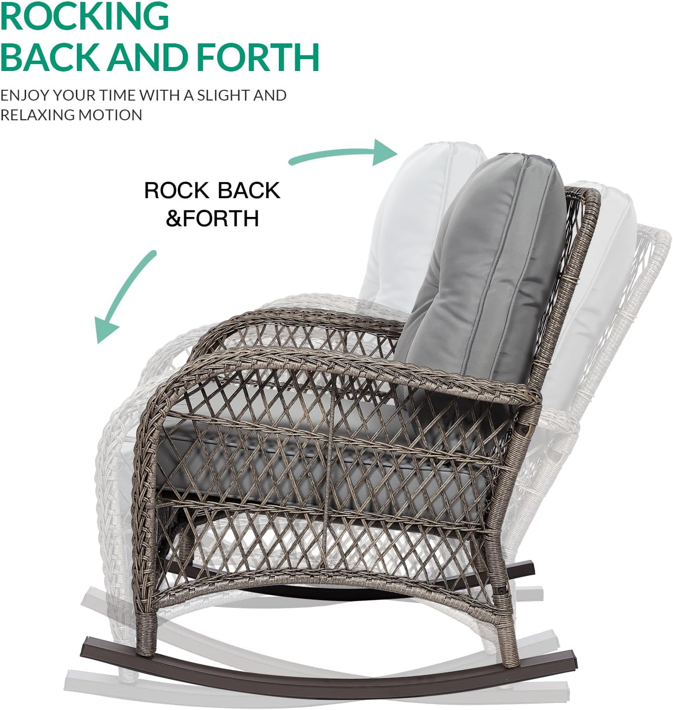 VIVIJASON 4-Piece Outdoor Patio Wicker Conversation Sets, All Weather Outdoor Rattan Furniture Set Includes Glider Loveseat, Coffee Table, 2 Rocking Chairs with Cushions for Backyard, Grey