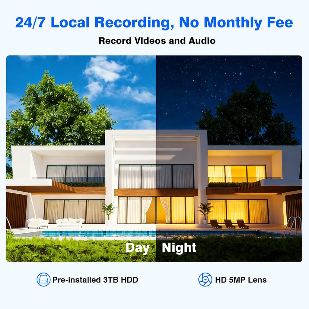 Wireless Security Camera System with 12' Monitor, Human Detection, Floodlight, Siren Alarm, 2-Way Audio, 4PCS 5MP Camera, Expandable 16CH NVR, Home Business Surveillance, 3TB HDD