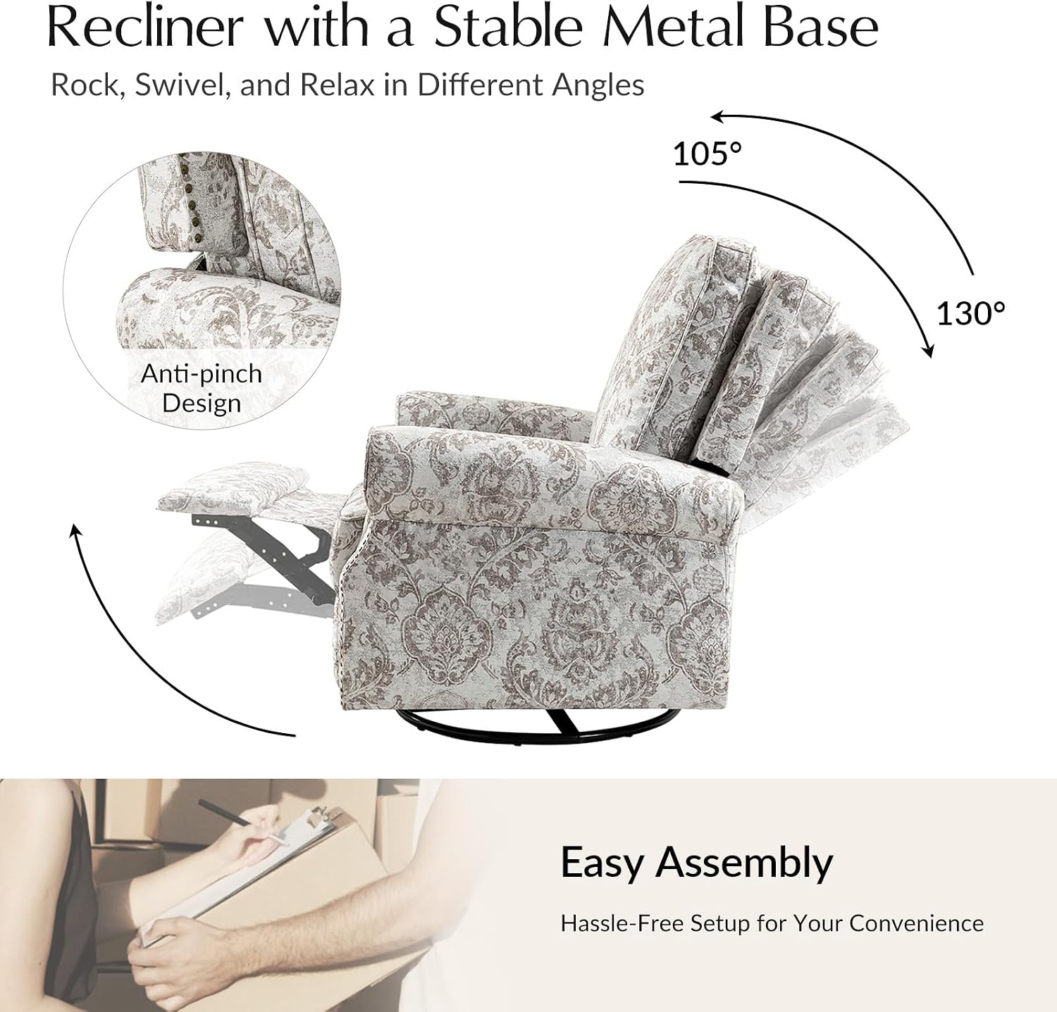 HULALA Home Modern Rocker Recliner, Printed Fabric Swivel Glider with Adjustable Backrest & Footrest, Beige