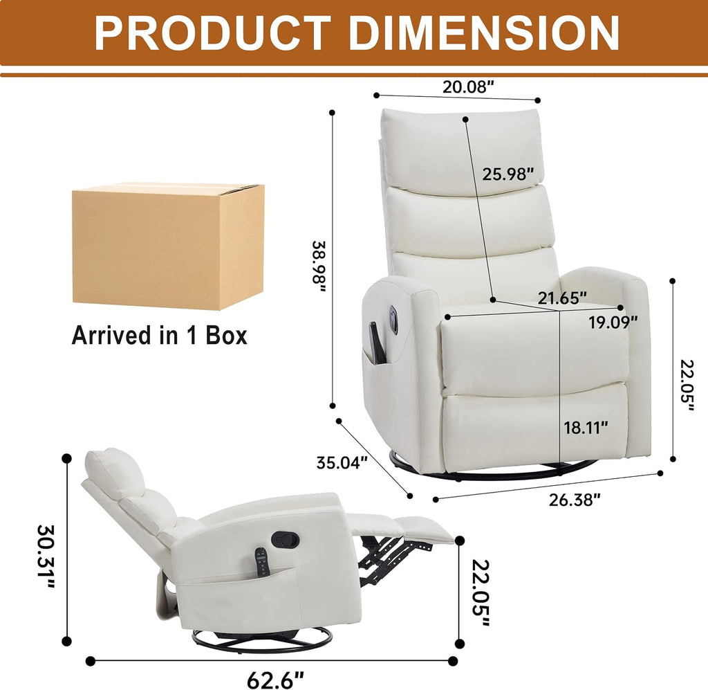 Manual Swivel Rocker Recliner Chair for Adults, Overstuffed Glider Recliner for Nursing with Vibration Massage & Heat, Living Room Rocking Recliner 3-Stage backrest, Faux Leather White