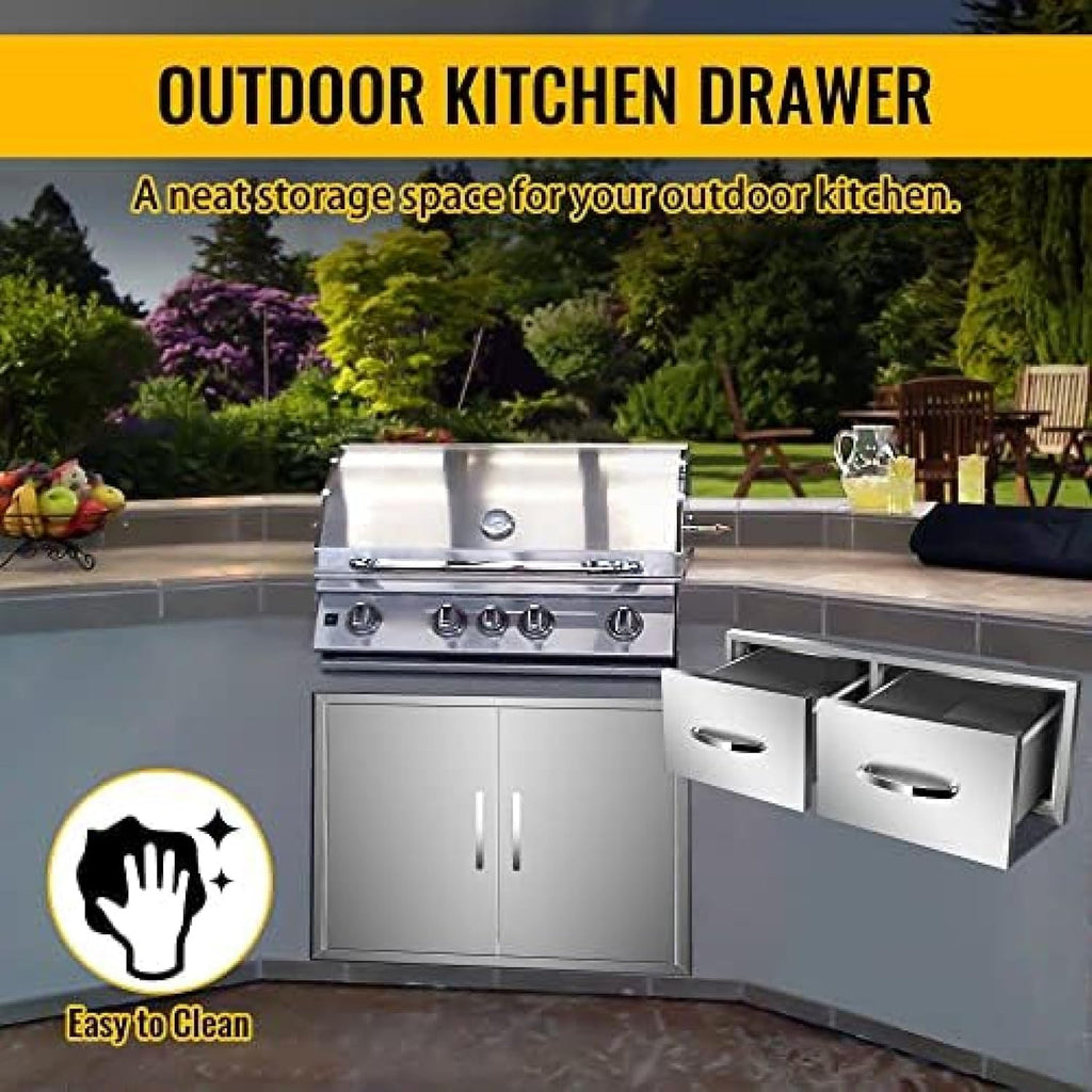 Outdoor Kitchen Drawer BBQ Drawer Outdoor Kitchen Access Drawers Horizontal- Stainless Steel Double Drawers for Outdoor Kitchen Grilling Station Or BBQ Island,30Wx20Dx10H