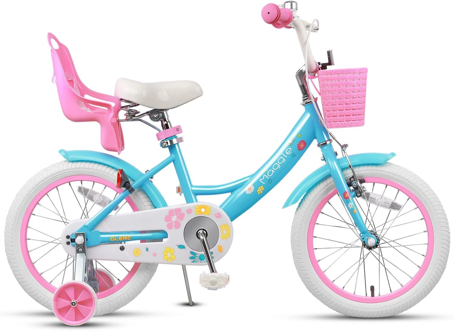 Glerc Maggie Girls Bike, 12-20 Inch Kids Bike for 2-13 Years Old Children, Princess Style Kids Bicycle with Doll-Seat & Basket & Training Wheels, Multiple Colors