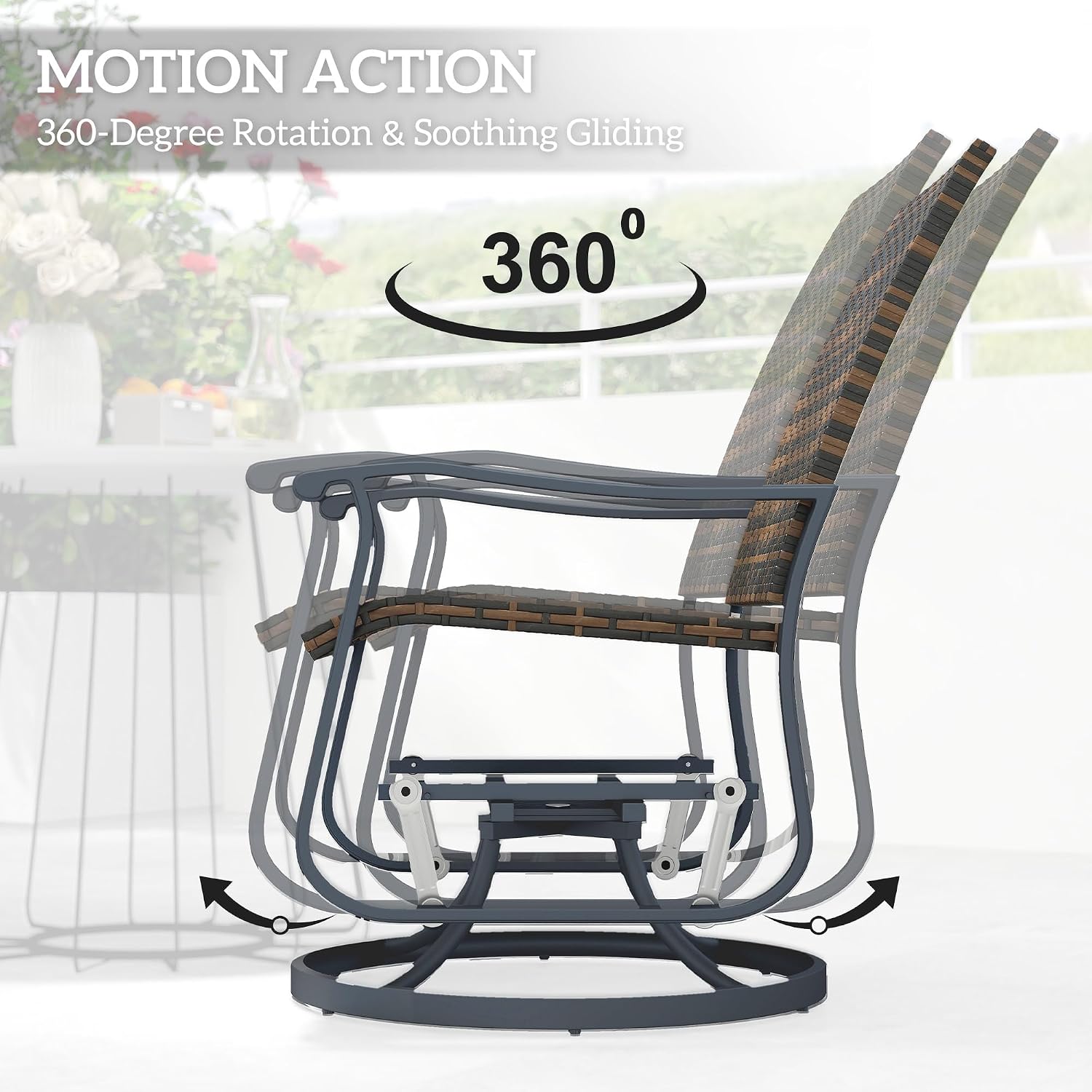 Outsunny Patio Glider Chair Set of 2, Wicker Rattan Outdoor Swivel Chair with Steel Frame, High Back, Armrests, Porch Glider with Adjustable Foot Pads for Garden, Lawn, Backyard, Brown