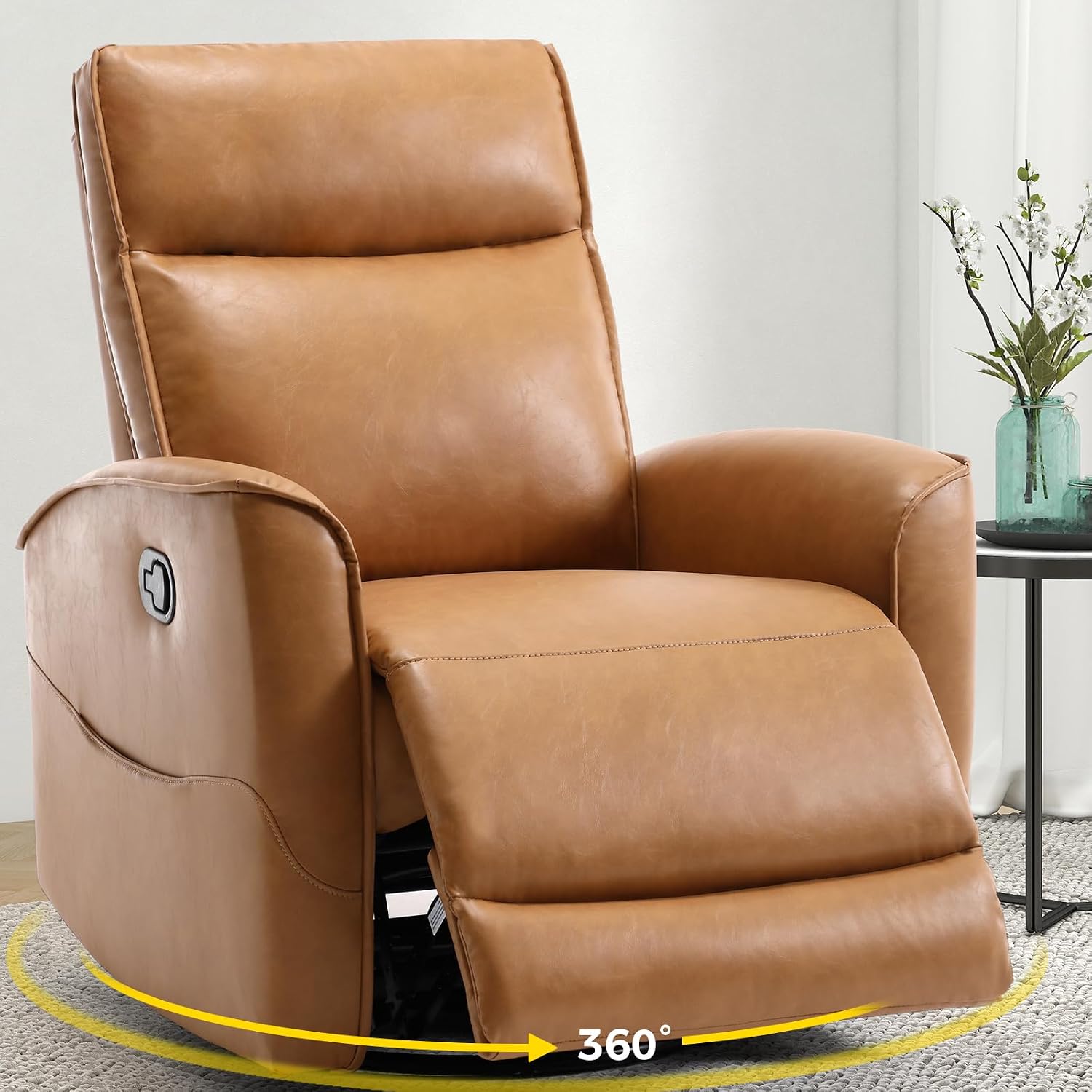 ANJ Manual Swivel Rocker Recliner, Glider Recliners with Padded Armrest and Backrest, Soft Faux Leather Nursery Rocking Recliner Chair Reclining Sofa for Living Room
