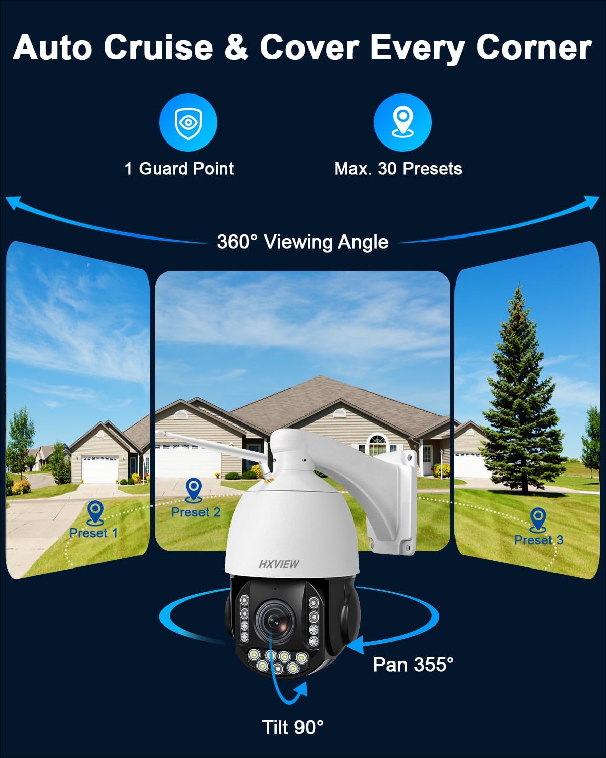 4K PTZ Security Camera Outdoor with 30X Optical Zoom, 1000FT Night Vision, 8MP 360° WiFi Wireless RTSP IP Camera, Auto Tracking, Person/Vehicle Detection, 2.4/5GHz Wi-Fi, 2-Way Audio