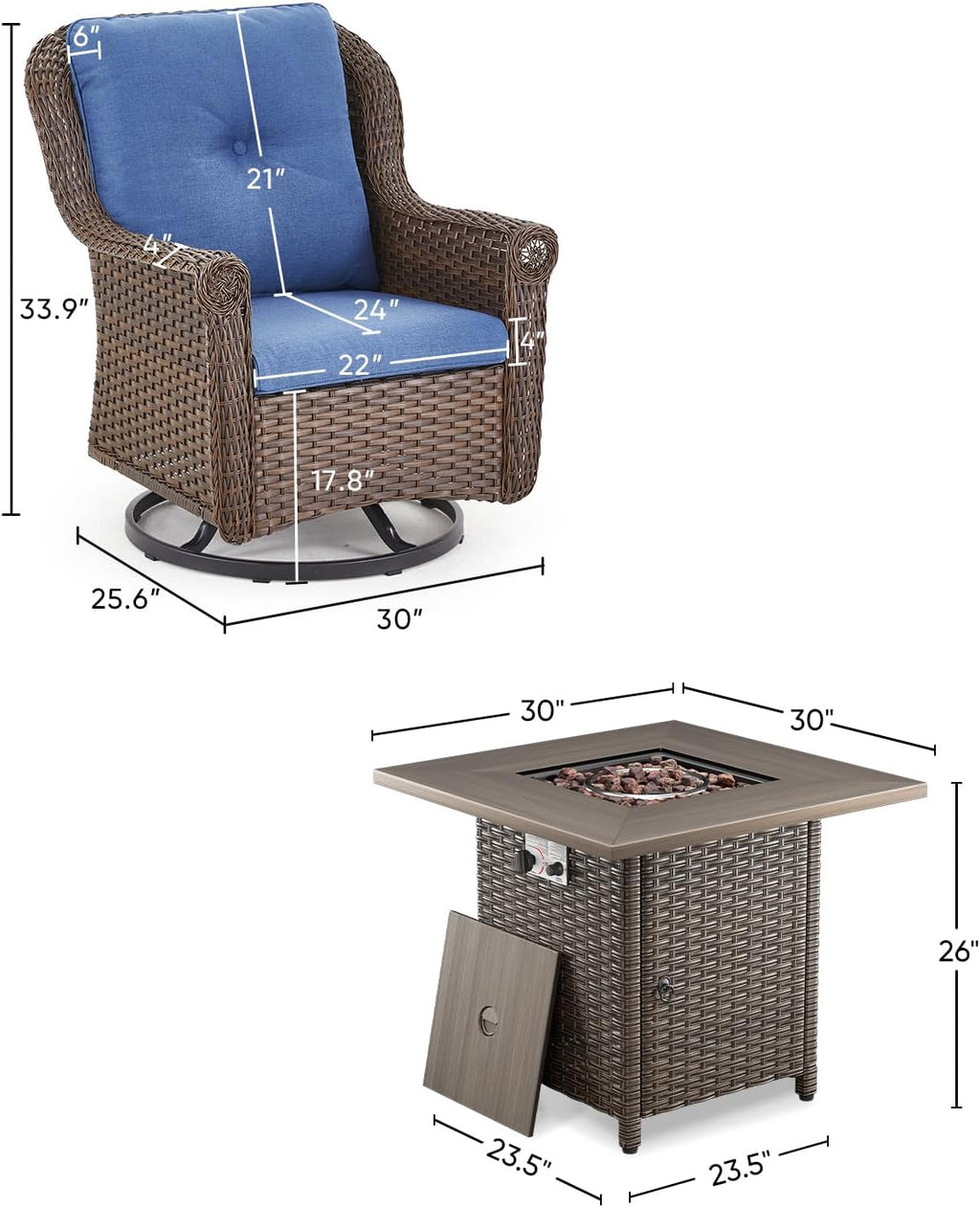 Outdoor Patio Swivel Gliders with Fire Pit Table 5 Piece Set - High Back Brown Wicker Rattan Rocking Chair with Thick Cushion for Porch Apartment Deck Yard Poolside Garden - Navy Blue