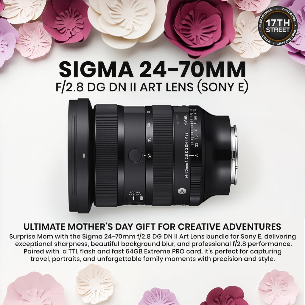 Sigma 24-70mm f2.8 DG DN II Art Lens Sony E, Full Frame Format, Six SLD Elements, Rounded 11-Blade, Godox Flash TT350S Mini, 64GB Extreme PRO Memory Card & Waith Cleaning Cloth (Bundle Set)