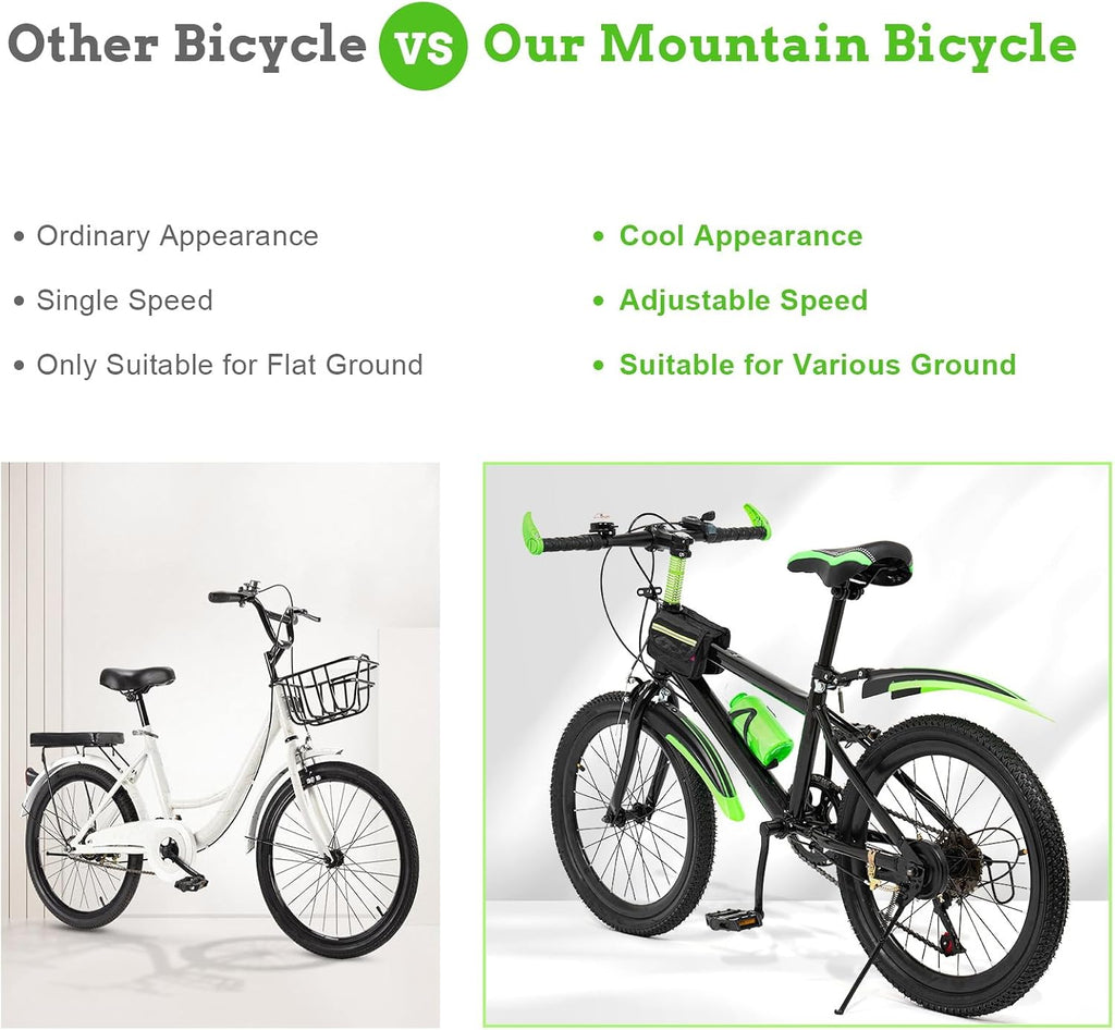 20 Inch Kids Mountain Bike - 7-Speed Children's Bike w/Dual Disc Brakes - Heavy Duty Steel Frame for Boys & Girls Age 8-12 - Trail/City Riding (Green)