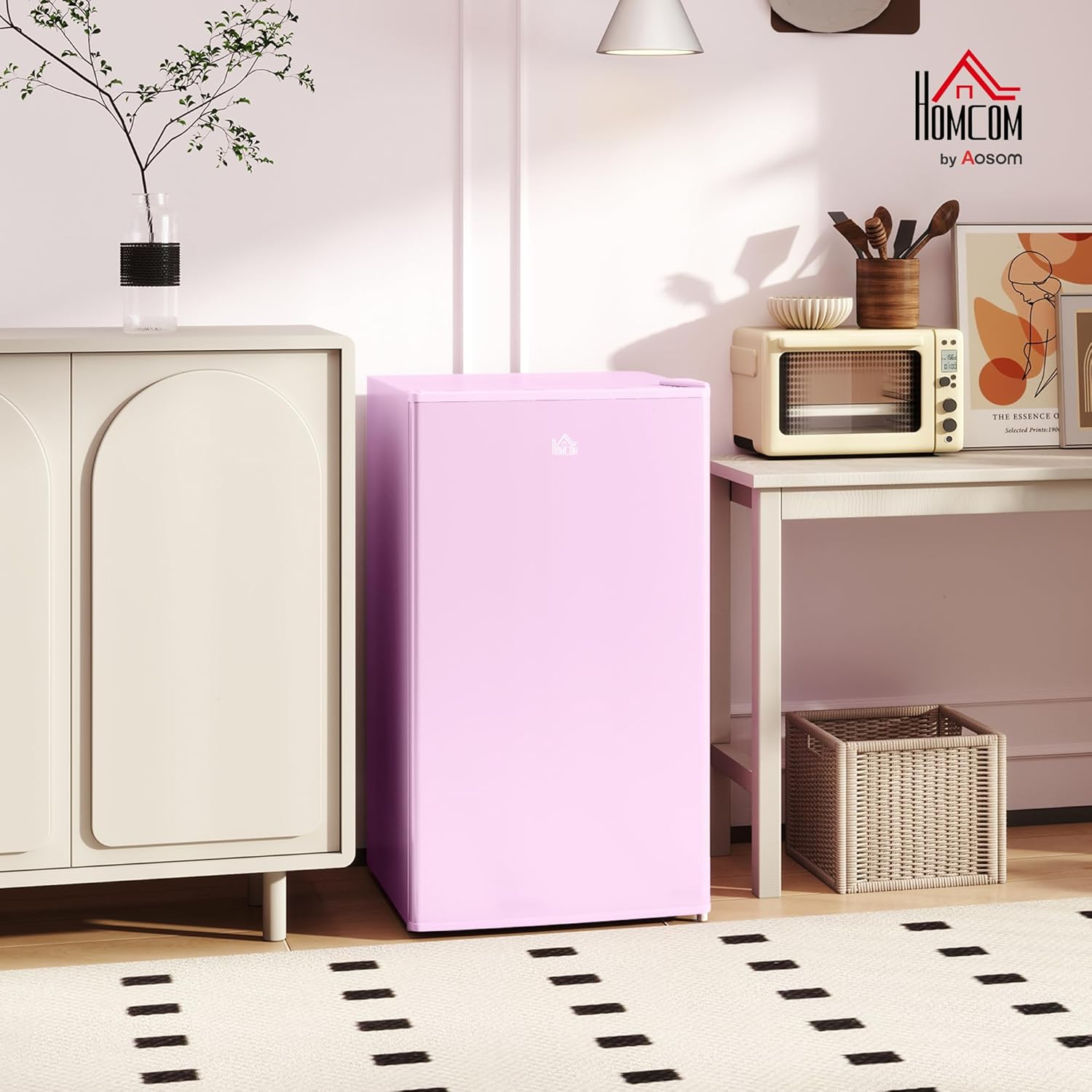 HOMCOM 3.2 Cu.Ft Mini Fridge with Freezer, Compact Refrigerator with Adjustable Thermostat, Shelf and Single Reversible Door for Bedroom, Dorm, Home Office, Energy Efficient, Pink