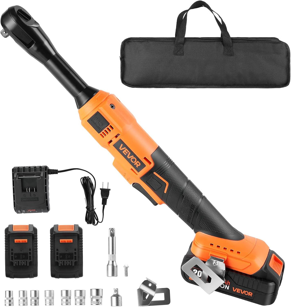 VEVOR Cordless Ratchet Wrench, 3/8 inch Drive, 230 RPM, up to 66 ft-lbs of Torque, Battery Powered Electric Ratchet Wrench Set with Two 2.0Ah Batteries, Charger, Sockets, Adaptors and Cloth Bag