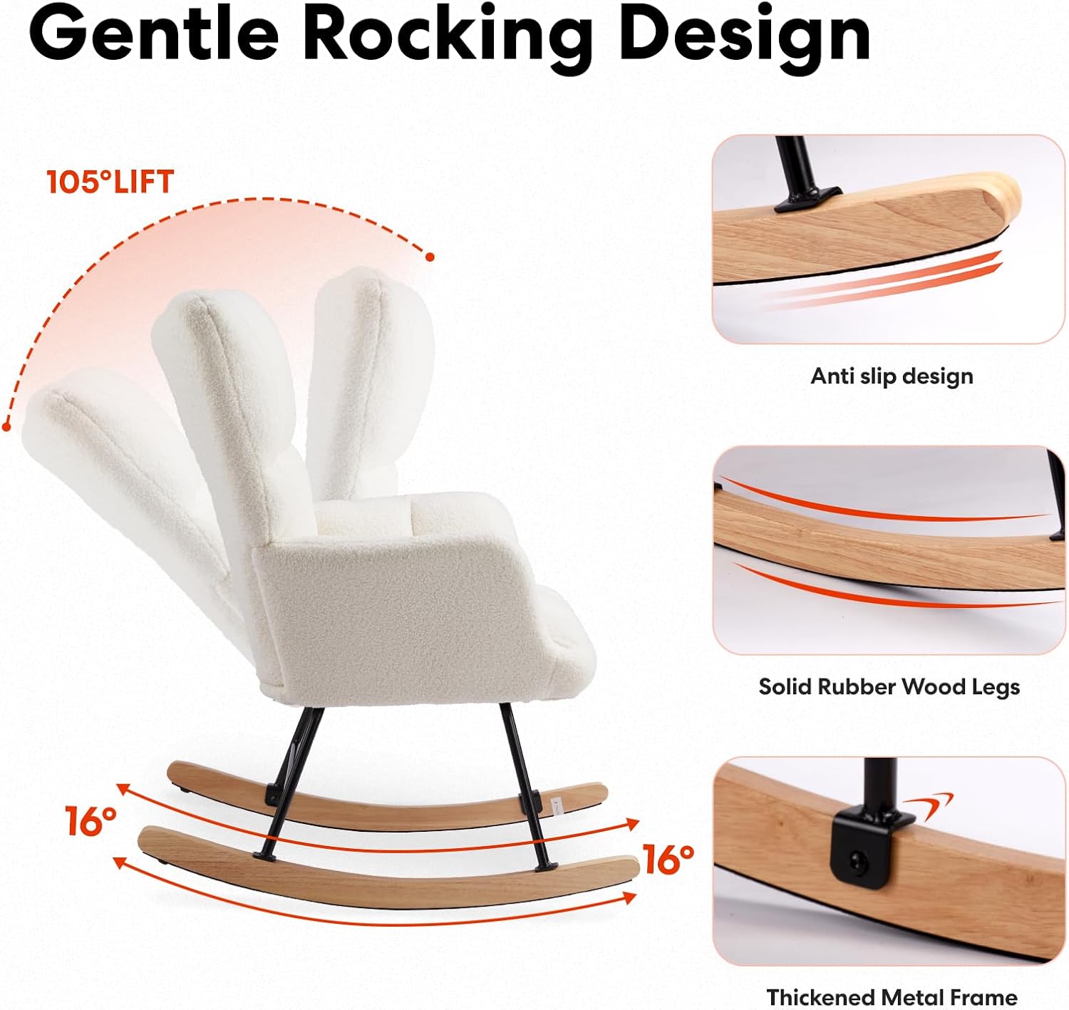 YSSOA Nursery Rocking Chairs, Teddy Upholstered Glider Recliner Rocking Chair with High Backrest Armchair, Comfy Reading Chair Fluffy Accent Side Chair for Nursing, Living Room, Bedroom, White