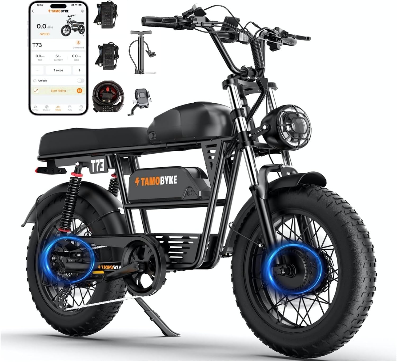 Tamobyke Premium T73 Series Electric Bike for Adults,48V15Ah/36Ah/41Ah Large Battery,1000W/1500W/3000W Powerful Motor, 28/33/37.5Mph Max Speed,20''*4'' Fat Tire E-Bike for Commute/Off-Road. Age 15+.