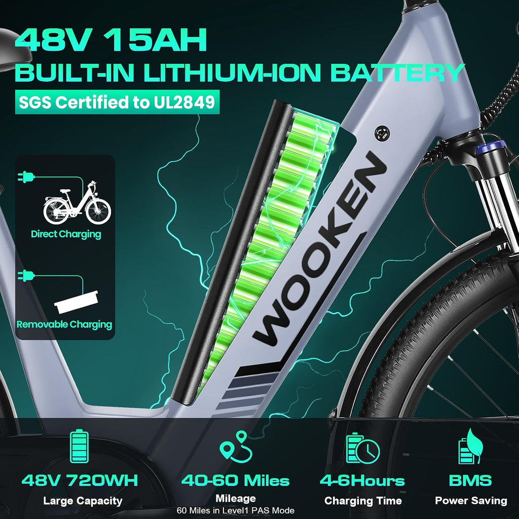 Wooken Electric Bike for Adults, 749W Peak Ebike, 26' x 2.1' Tire Step Through Electric Bike, City Cruiser Ebike with 48V 10.4/15Ah Removable Battery, 7 Speed, SGS Certified to UL2849