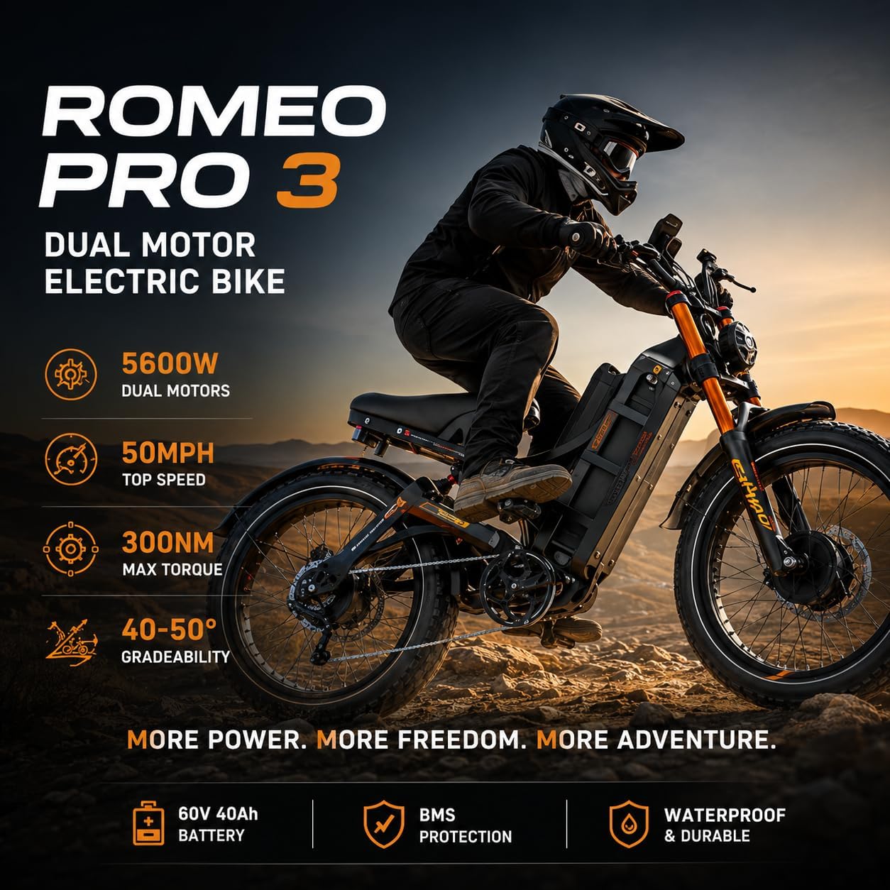 2026 eAhora Romeo Pro 3 Electric Bike for Adult, Peak 5600W Dual Motor, 50mph, 60V 80Ah Battery, 250 Miles Long Range, 26'*4.0 Fat Tire, Air Suspension, App, Commute, Delivery, All-terrian