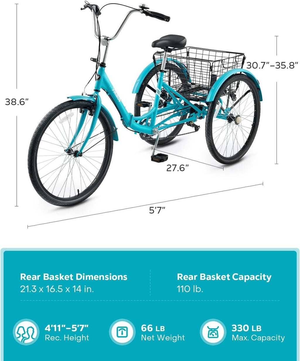 VIRIBUS Folding Tricycle for Adults, 7 Speed Foldable Adult Tricycle with Removable Wheeled Basket, Folding 3 Wheel Bikes for Women Men Seniors 24 26 inch, Collapsible Three Wheeler Trike 330 LB.