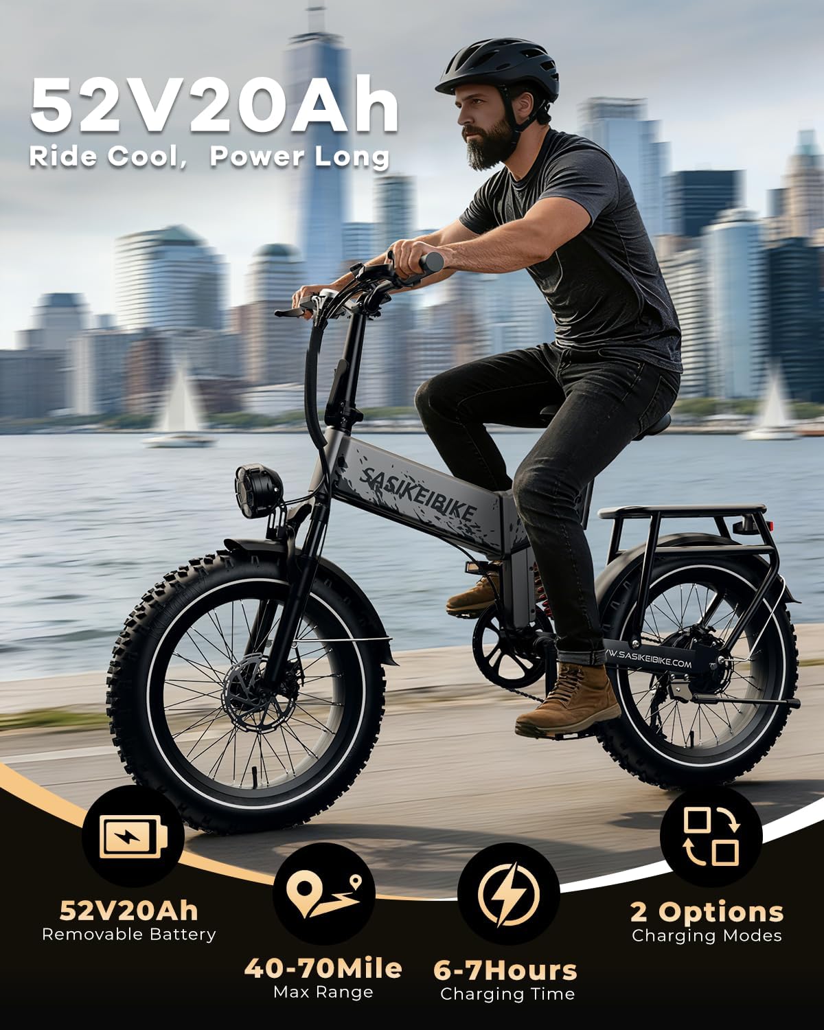 SASIKEIBIKE 1500W Folding Electric Bike for Adult,52V20Ah Removable Battery Ebike with 70Mile Max,20' x4.0 Fat Tire E-Bike, Foldable Dual Suspension Electric Bicycle for Commute,Mountain