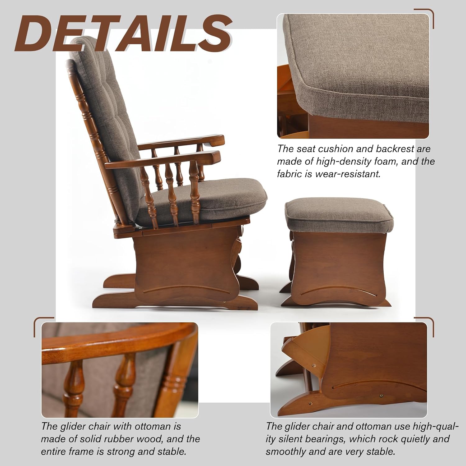Anti-Pinch Solid Wood Hand Glider Rocking Chair Set with Ottoman, Padded Cushion, Rustic Rubber Wood Nursery Glider for Nursing, Relaxing, Living Room, Bedroom, Oak Colored