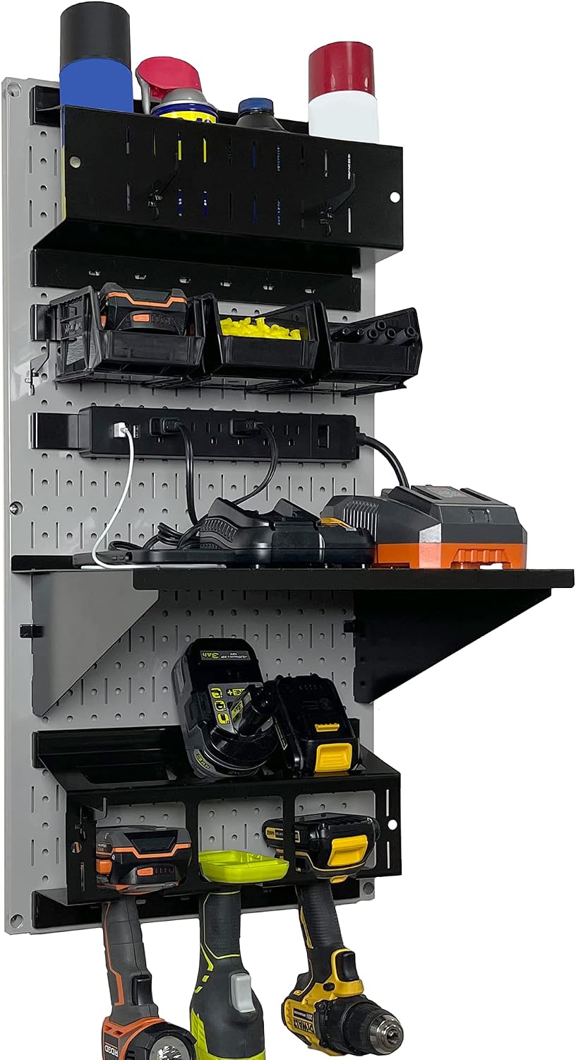 Wall Control Power Tool Storage Organizer Kit Cordless Drill Holder Charging Station Rack 16' x 32' Metal Pegboard Organization System (Grey Pegboard)