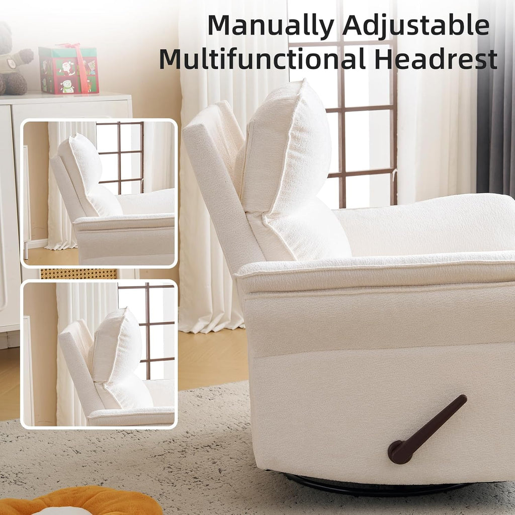 Oversized Recliner Chair, 26' Extra Wide 360° Swivel Rocker Recliner with Adjustable Headrest, Chenille Glider Rocking Nursery Chair with Overstuffed Armrest, Lumbar Support, White