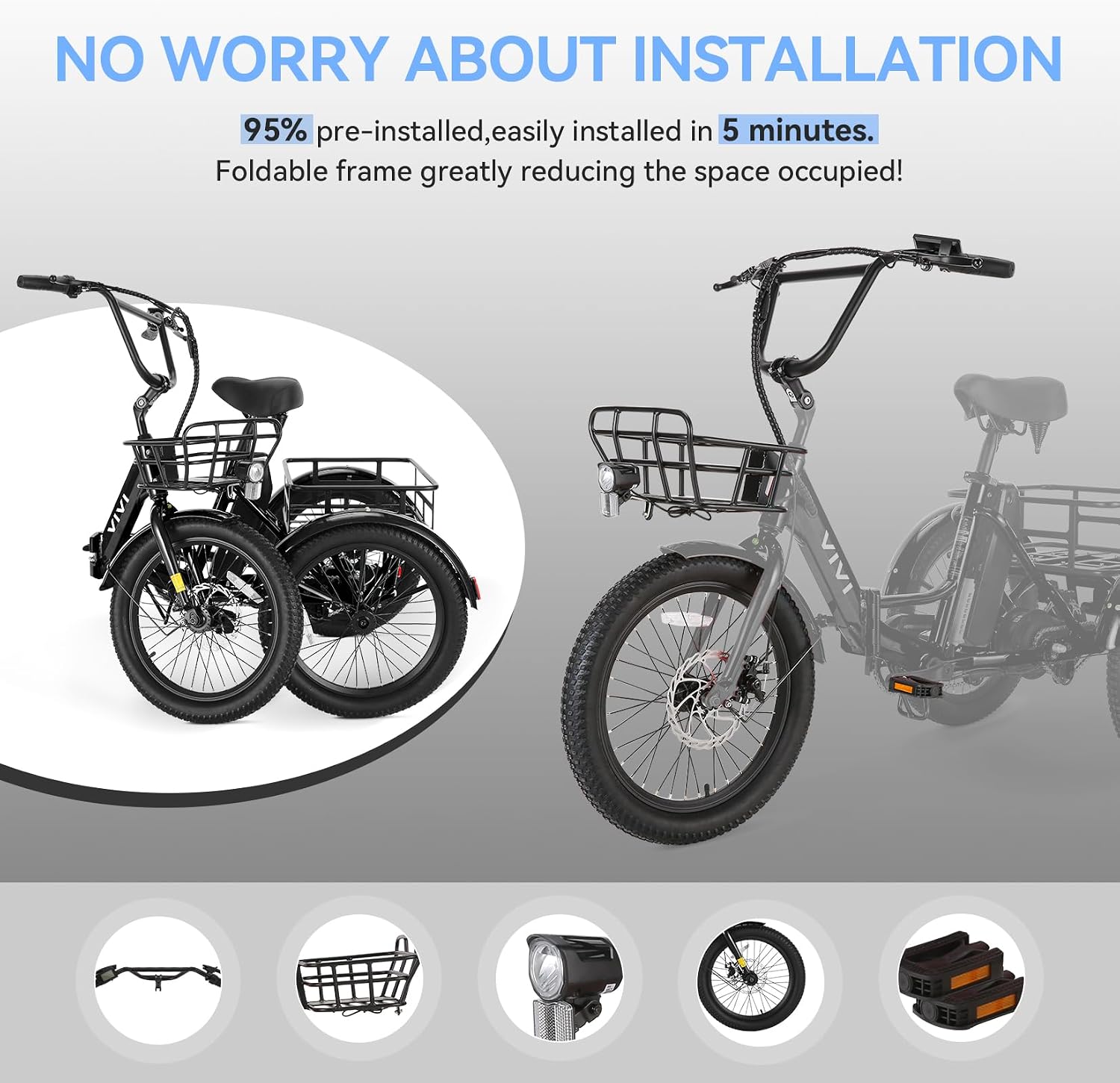 Vivi 750W Peak 20'' Folding 3 Wheels Electric Bicycle Bikes, 48V 10.4Ah Removable Battery Electric Tricycle for Adults, Speed Differential, 15.5MPH Eletric Trike with Bracket
