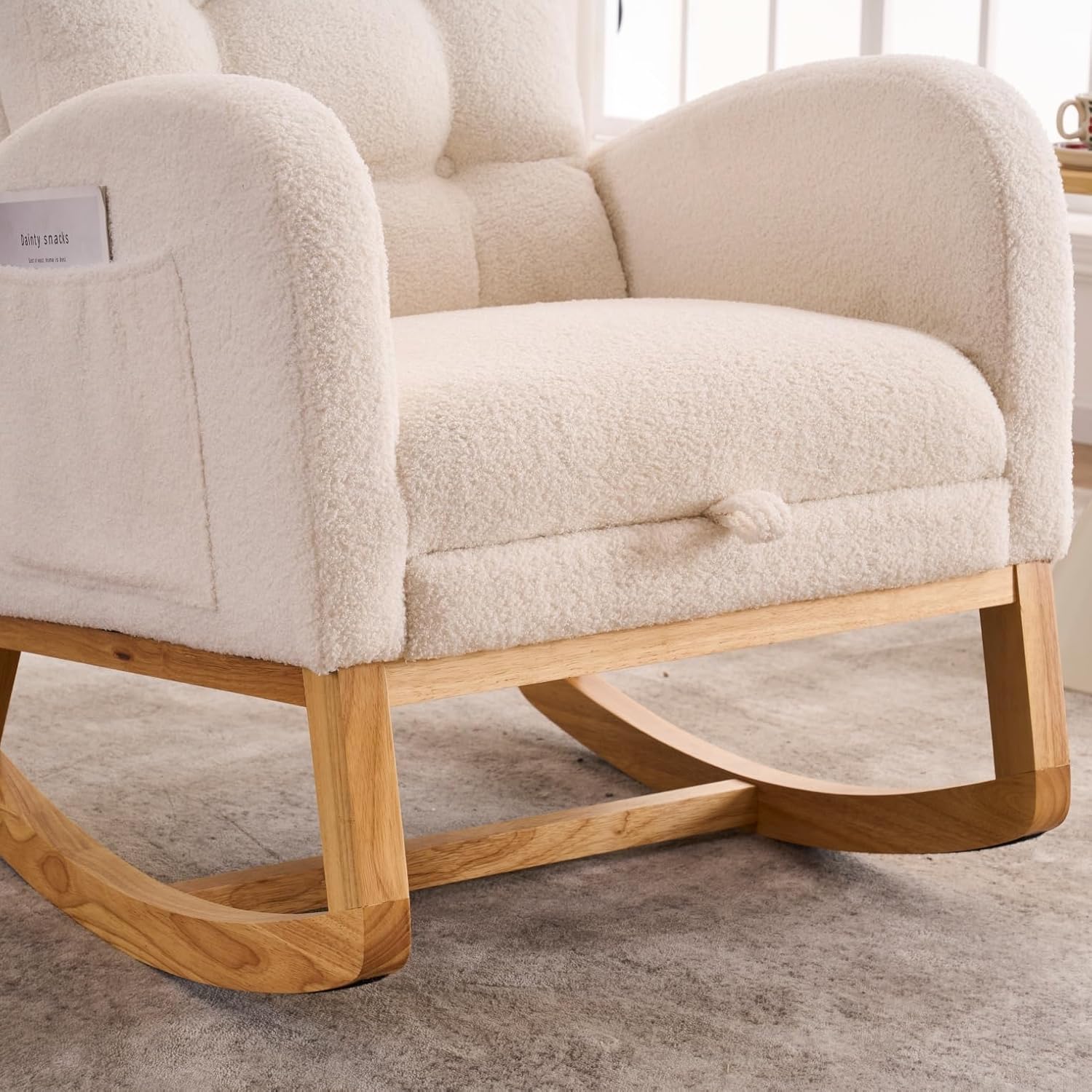 Accent Rocking Chair with Curved Back & Pillow, Teddy Velvet Upholstered Rocker with Rubberwood Base, Cozy Nursery Chair for Living Room & Bedroom, Cream White