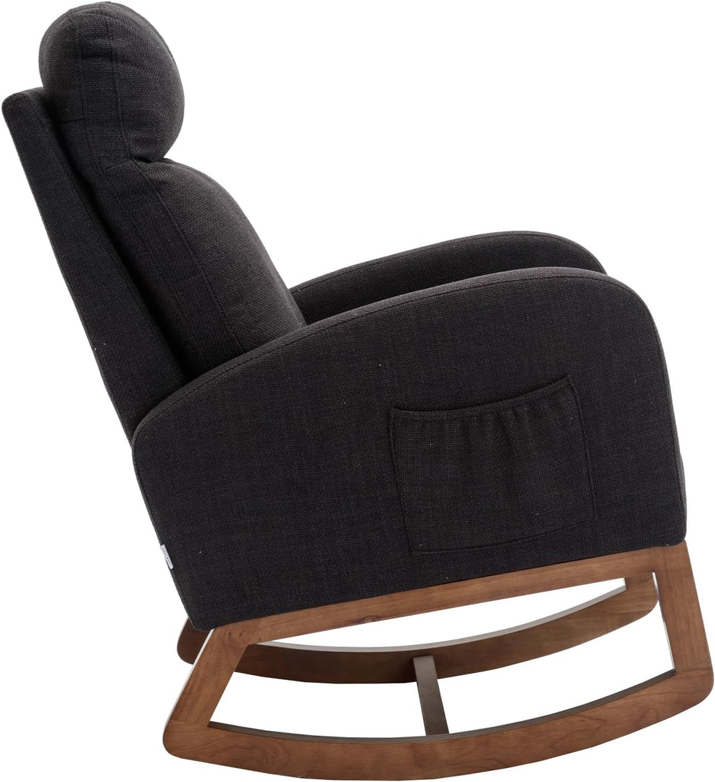 Modern Rocking Chair with Breathable Yellow Linen & Solid Wood Legs - Recliner Glider Armchair Featuring Side Pocket, High Back Support for Nursery, Living Room, Bedroom (Black)