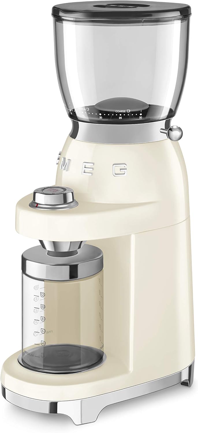 SMEG CGF11 Retro-Style Coffee Grinder – Burr Mill with 30 Grind Settings, Stainless Steel Conical Burrs, Removable Hopper – Precision Countertop Grinder for Espresso, Drip, French Press-Cream