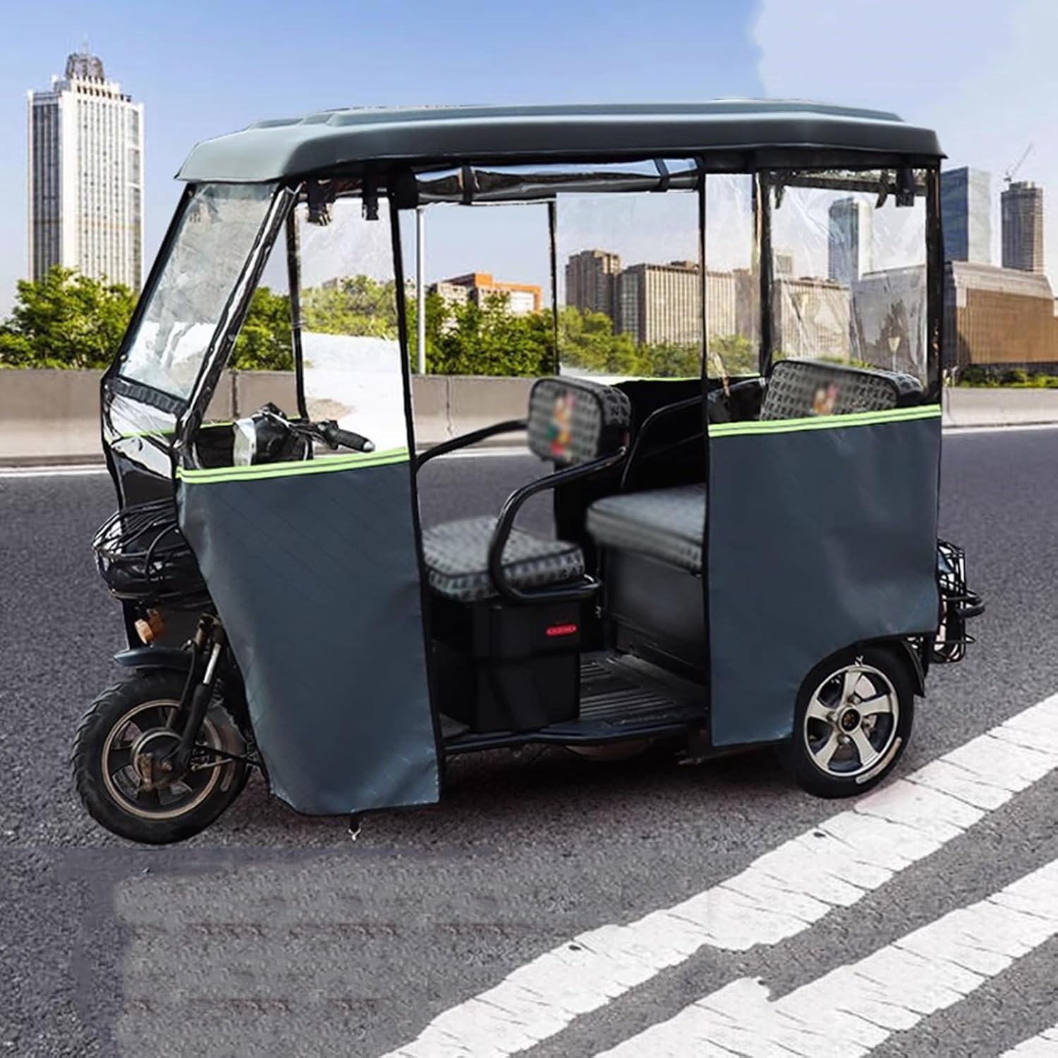 XILYZMO Trike Motorcycle Cover, Leather PVC Transparent Rainproof Tarpaulin, 3 Wheel Cargo Trike Windshield Frame Canopy, Warmth Windproof Electric Tricycle Cover for All(Gray,175x70cm)