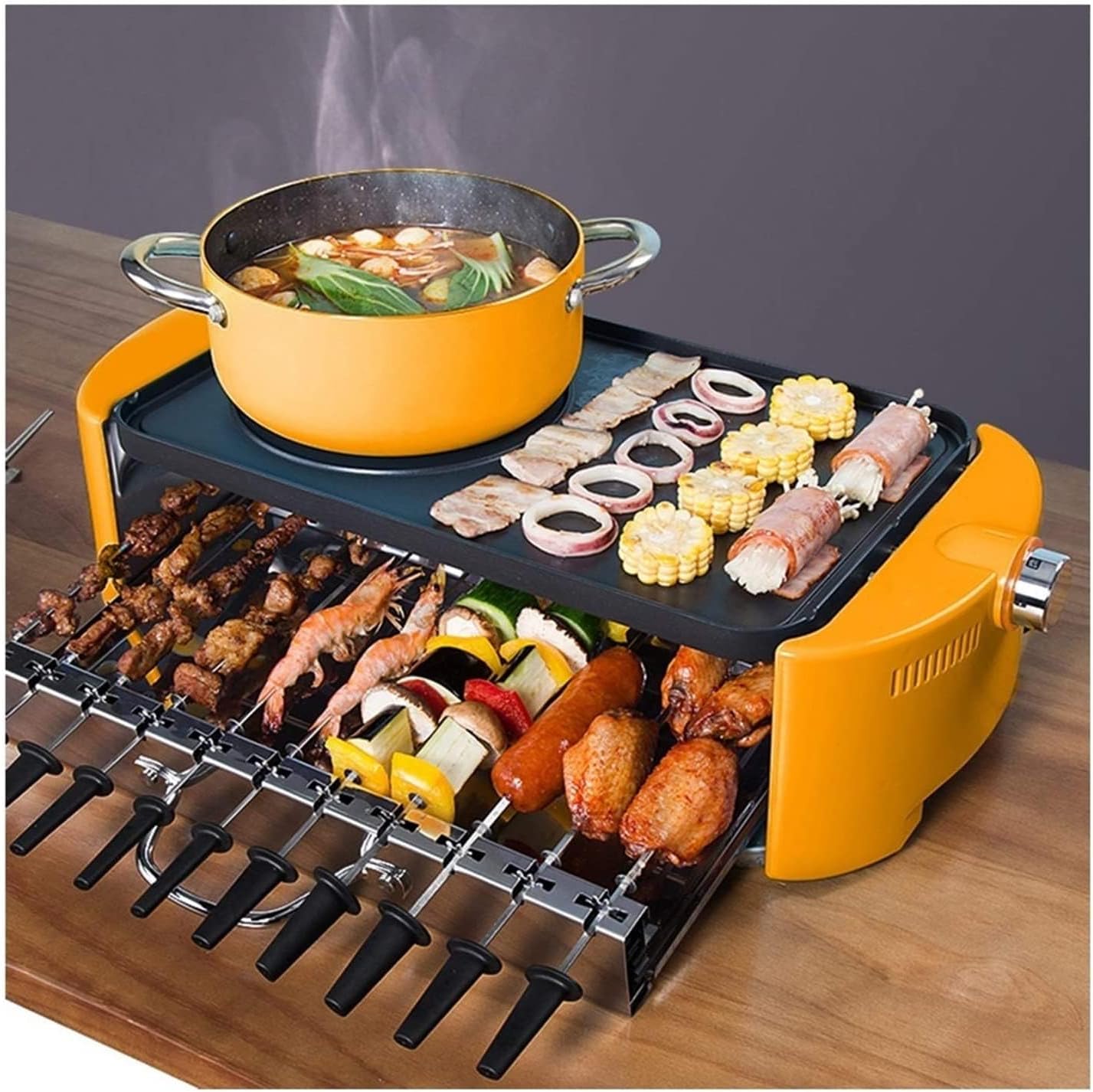 Electric BBQ Grill Indoor Portable Electric Grill, Indoor Hot Pot Chafing Dish Electric Barbecue Grill Non-stick Baking Tray Skewers, Large Capacity Household Multifunctional (Color : Orange)