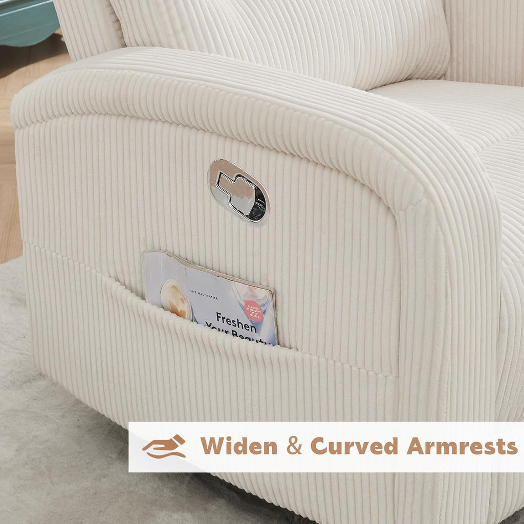 Swivel Rocker Recliner Glider Rocking Chair for Nursery, Corduroy Recliner with Chunky Cushion, Manual Swivel Recliner Chair for Living Room, Bedroom, Nursery(White)