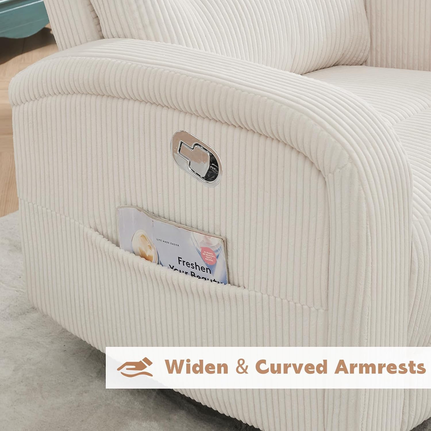Swivel Rocker Recliner Glider Rocking Chair for Nursery, Corduroy Recliner with Chunky Cushion, Manual Swivel Recliner Chair for Living Room, Bedroom, Nursery(White)