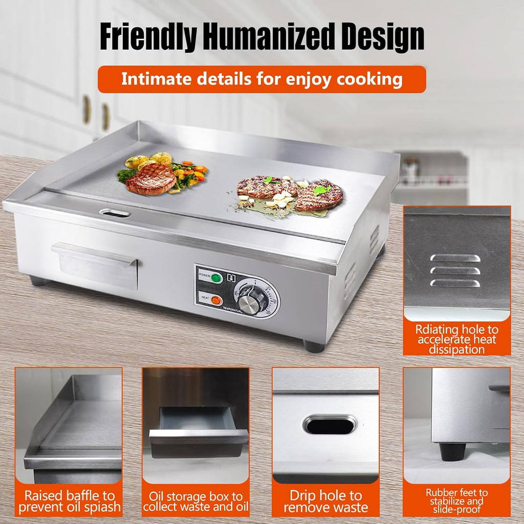 22' Commercial Electric Griddle,Electric Countertop Flat Top Griddle,110V 1600W Electric Flat Top Grill,Non-Stick Restaurant Teppanyaki Stainless Steel Grill,Adjustable Temperature Control