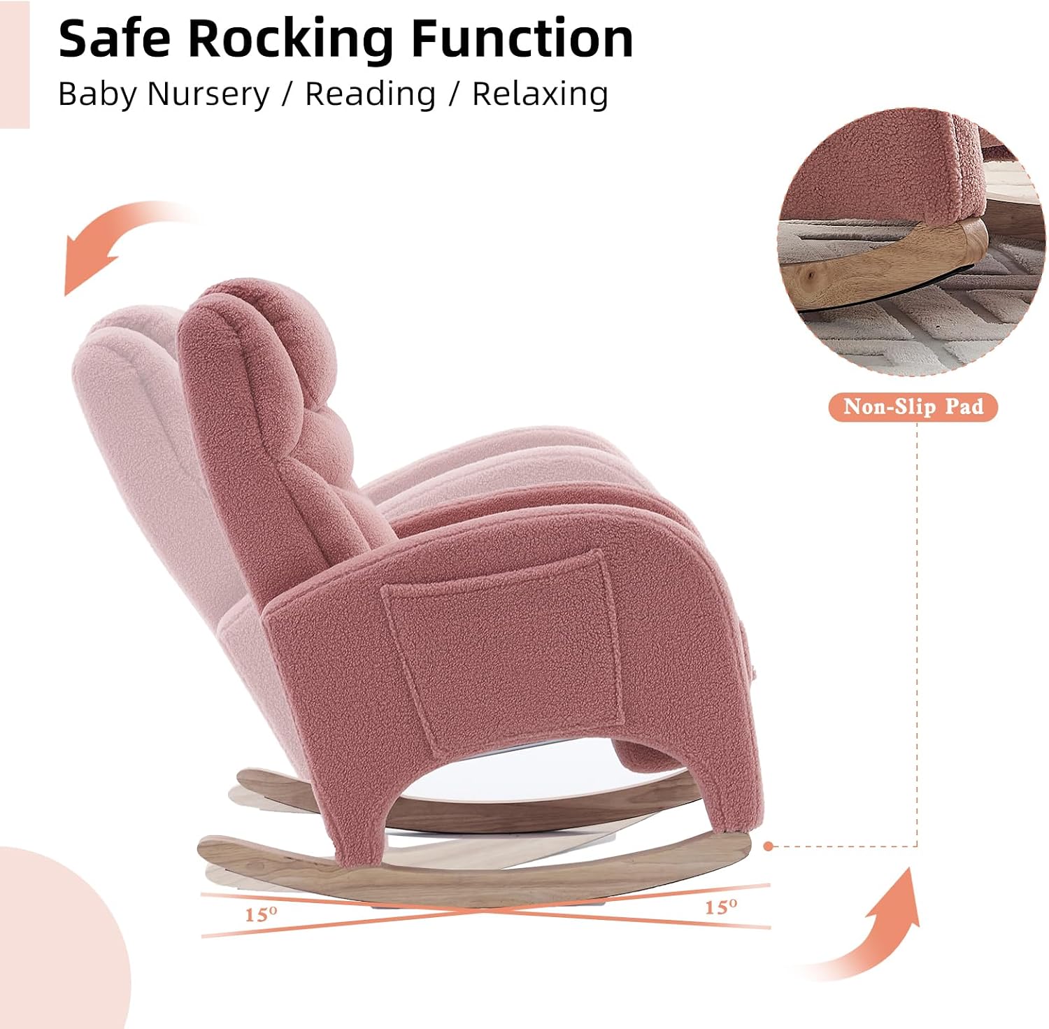 Rocking Chair Nursery with Foot Rest,Upholstered Teddy Glider Rocker with Wood Legs, Nursing Rocking Chair for Living Room/Nursery,Pink