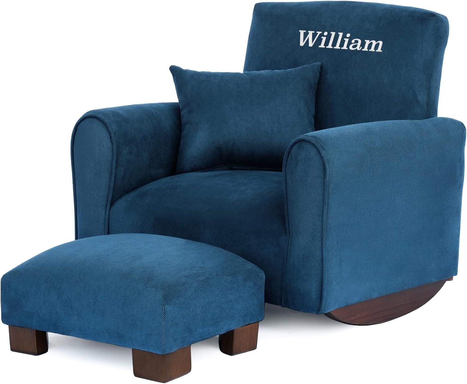 Toddler Personalized Armchair, Kids Upholstered Rocking Chair with Personalization, Toddler Chair with Personalized Name, Comfy Child Armchair, (Navy Suede, Rockers)