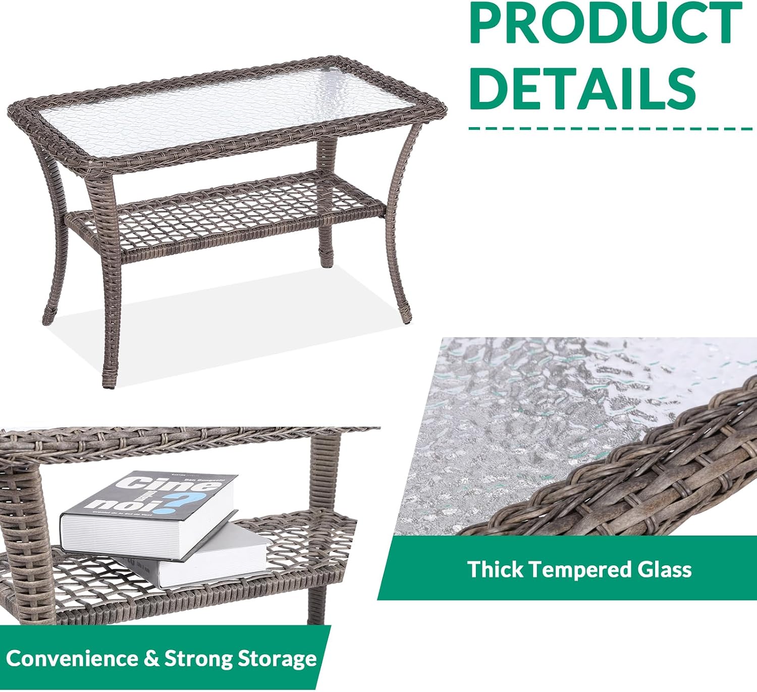 VIVIJASON 4-Piece Outdoor Patio Wicker Conversation Sets, All Weather Outdoor Rattan Furniture Set Includes Glider Loveseat, Coffee Table, 2 Rocking Chairs with Cushions for Backyard, Grey
