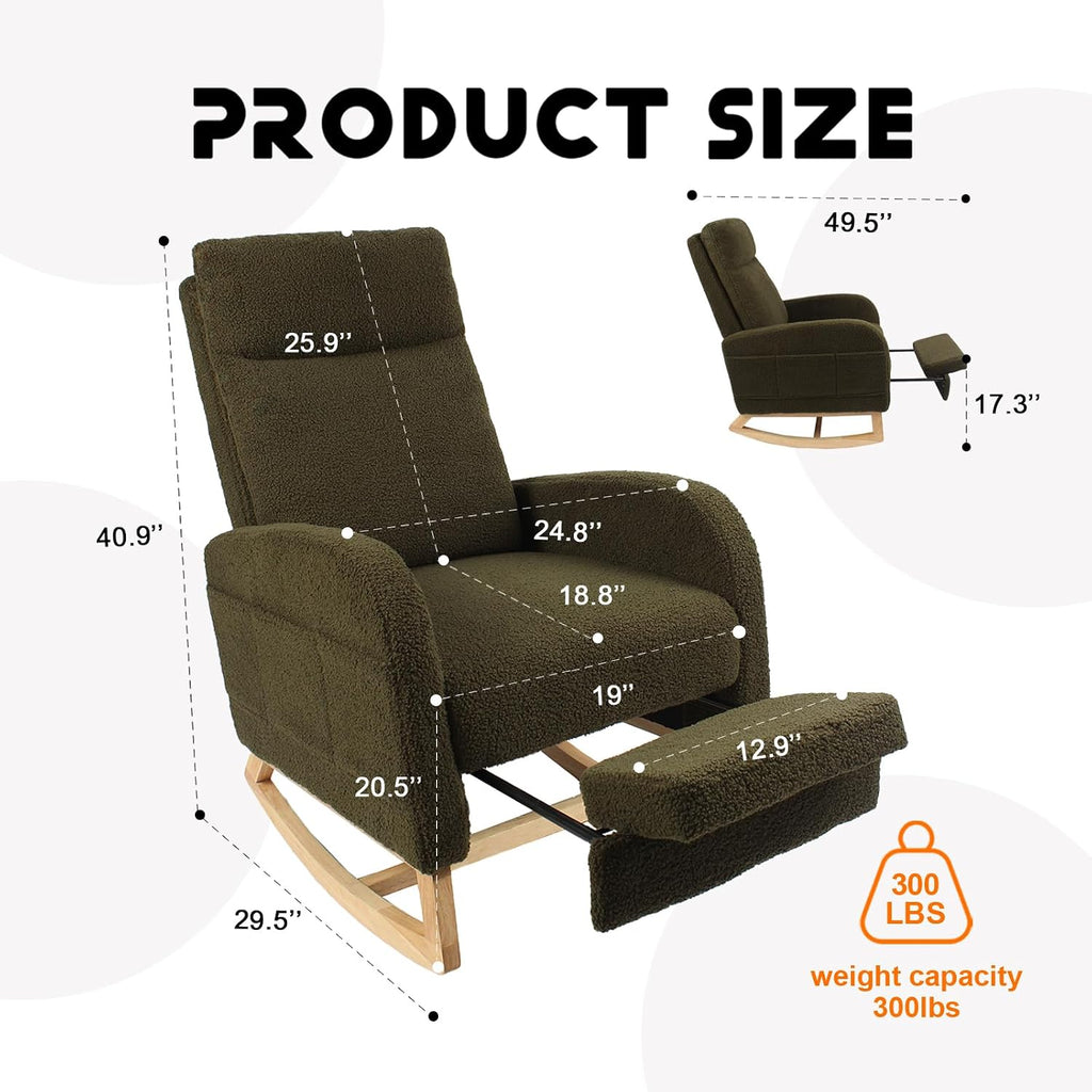 Rocking Chair Nursery with Foot Rest, Sherpa Nursing Rocking for Mom Nursery Rocker Chair with High Backrest, Armchair Rocker Glider with Side Pocket for Living Room, Bedroom, Teddy Green
