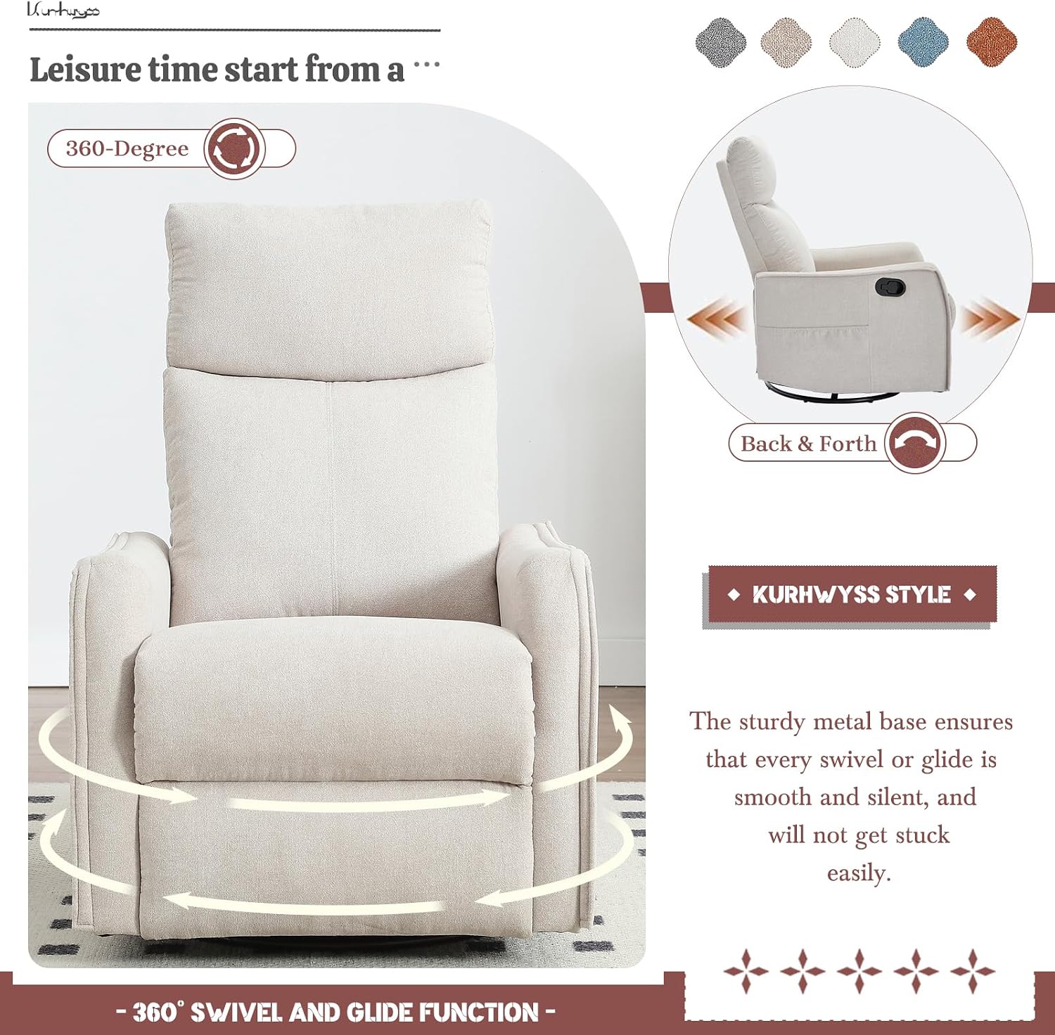 Rocking Recliner Chair with Heat and Massage, 360° Swivel Glider Rocker with Reclining Backrest and Footrest, Modern Nursery Rocking Chairs for Adults for Bedroom, Living Room, Office (Beige)