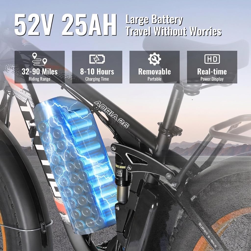Tuttio-Adria26 6000W/5000W Peak Dual-Motor Ebike for Adults - 52V Fast Ebike, Long-Range Electric Bicycle, Full Suspension, 26 Inch Fat Tire Bike for Off-Road, Mountain, Snow, Hunting, Commuting