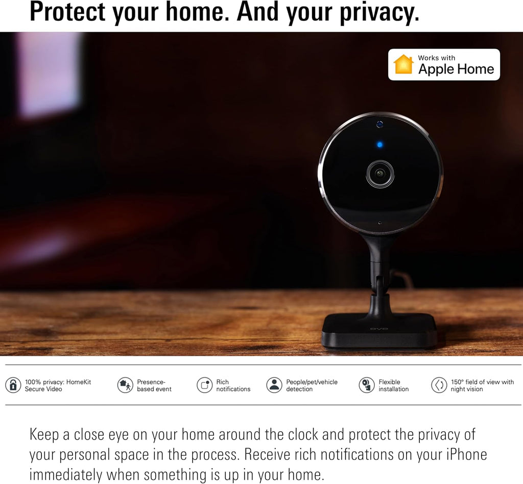Eve Cam (2 Pack, Apple Home) – Smart Indoor Camera, 1080p Resolution, Wi-Fi, 100% Privacy, HomeKit Secure Video, iPhone Notifications, Microphone and Speaker, Night Vision, Flexible Installation