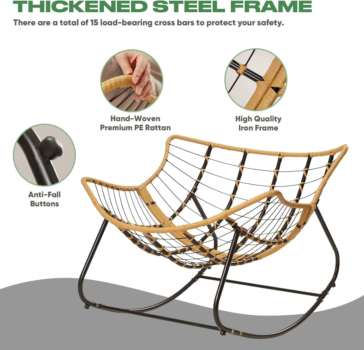 Papasan Chair with Cushion, Oversized Outdoor Rocking Chair, Patio Egg Chair Outdoor, Wicker Modern Cozy Comfy Chair for Bedroom, Living Room, Garden, Balcony, Lawn, Light Brown