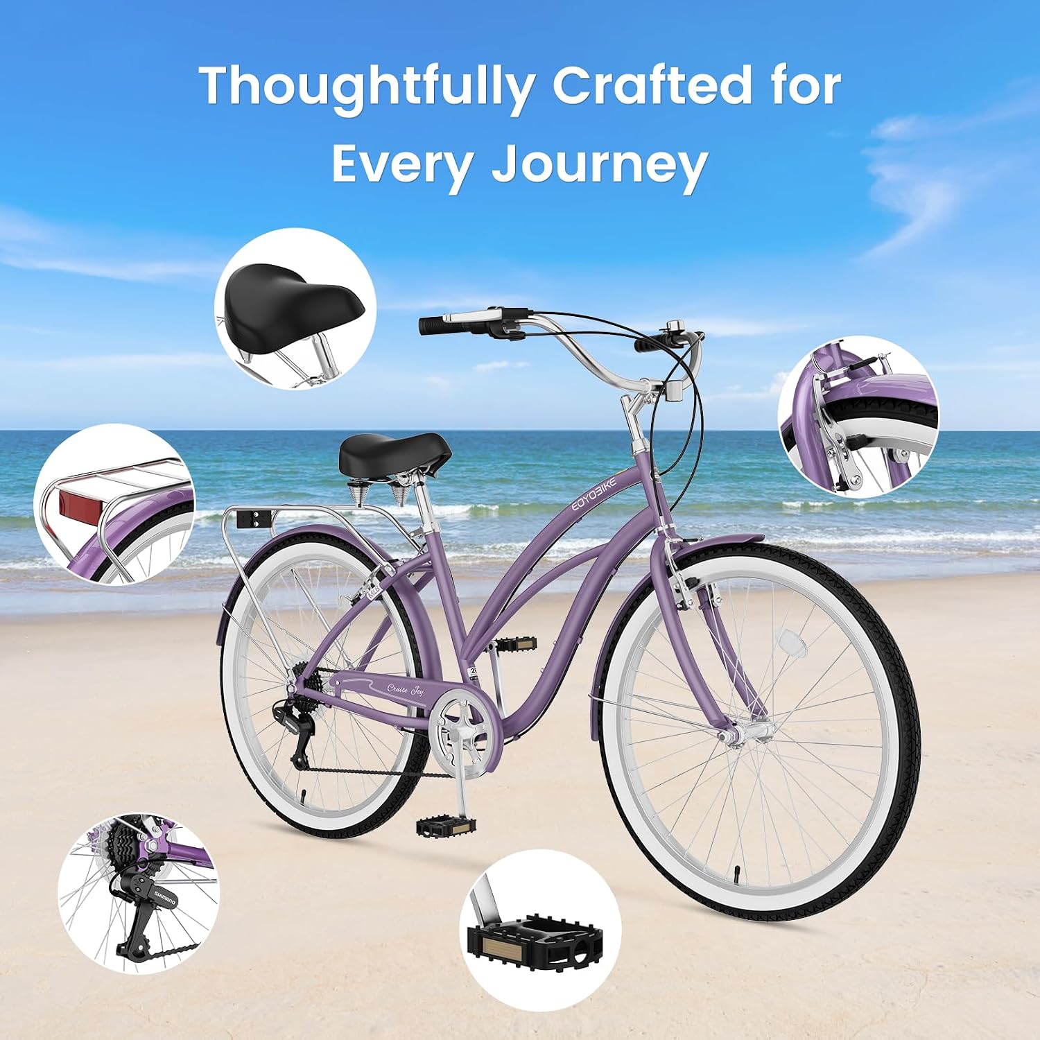 Cruiser Bike for Adults, 7-Speed Beach Cruiser Bicycle, 24/26 Inch Step-Through or High-Bar Frame, Comfort City Commuter Bike with Rear Rack, Fenders, Wide Saddle for Women & Men