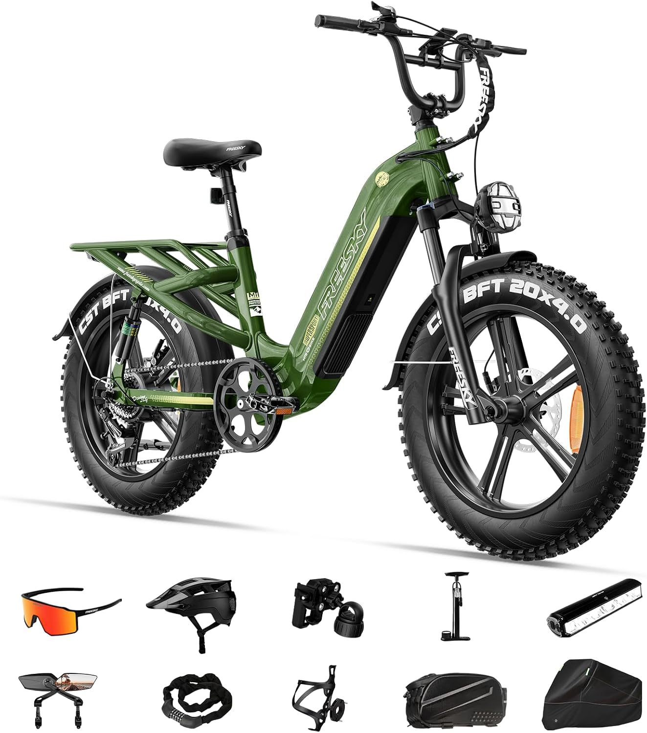 FREESKY 2026 Upgraded Rocky Pro Torque Sensor Electric Bike for Adults, 48V 25Ah Samsung Cells Battery, 105 Miles Range, 33MPH Fat Tire Step-Thru E Bike, 20' Full Suspension Cargo Bicycles, 8-Speeds