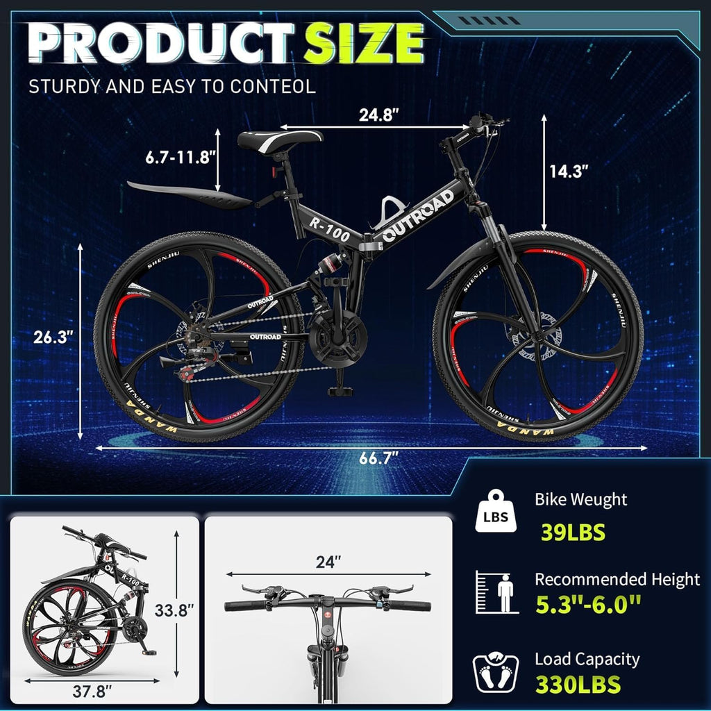 Outroad 26 Inch Mountain Bike, 21-Speed/High-Carbon Steel/Aviation Grade Frame, Dual Disc Brake, Adjustable Ergonomic Seat Bicycle for Men Women Adult, Quick Assembly in 20 Minutes Black
