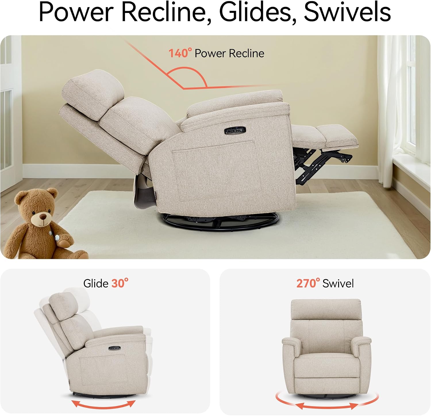 MCombo Oversized Swivel Glider Rocker Recliner with Adjustable Headrest, Dual Motor Power Recliner for Nursery, Led Nightlight, Fabric PR601 (Beige)